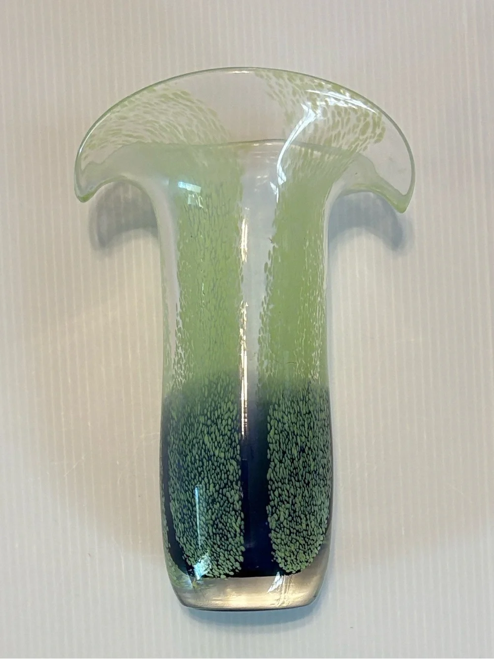 Vintage Hand Blown Teleflora Glass Vase Speckled Green Blue Curved Edge